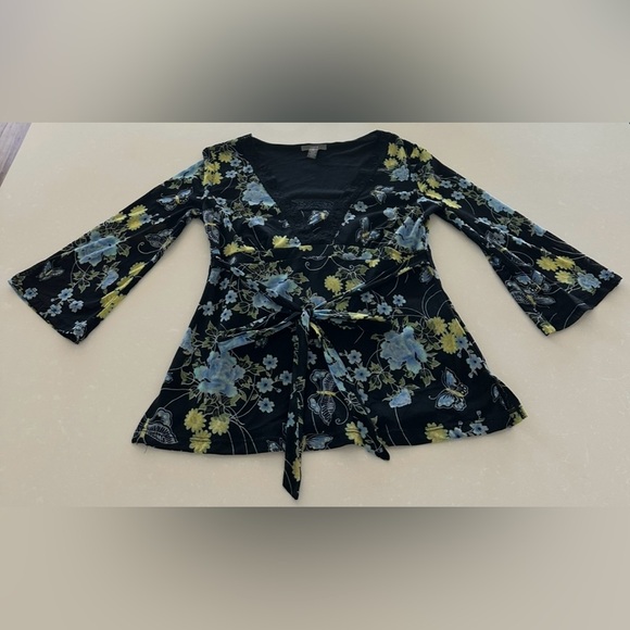 Apt. 9 Tops - Apt 9 Bell Sleeve Black Tunic With Floral Accents and Butterflies